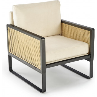Fotel welurowy boho Ilario Halmar | Beż/Czarny/Rattan - Komfort i styl