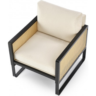 Fotel welurowy boho Ilario Halmar | Beż/Czarny/Rattan - Komfort i styl