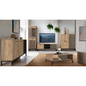 Komoda na nóżkach z lamelami Lamino KM1 154x40x84cm dąb craft/czarny Halmar