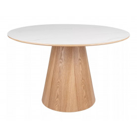 Stół okrągły na jednej nodze Angel Ceramic 120cm biały połysk / dąb Signal