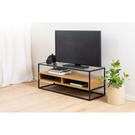 Stolik szklany RTV z półkami Randolf 120x45cm dąb / czarny Actona 2