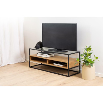 Stolik szklany RTV z półkami Randolf 120x45cm dąb / czarny Actona
