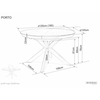 Stół okrągły rozkładany z ceramicznym blatem Porto Ceramic 120cm Taj Mahal / czarny mat Signal