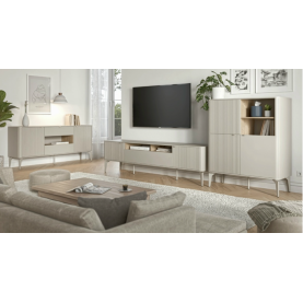 Szafka RTV ryflowana na nóżkach Beluci 160x40cm kaszmir / dąb cremona Halmar 2