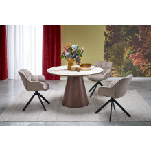 Stół okrągły na stożkowej nodze Arani 120cm beżowy marmur / orzech Halmar