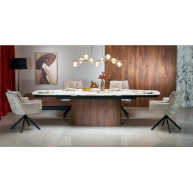 Stół ceramiczny rozkładany na jednej nodze Flavor 200-300x100cm biały marmur / orzech Halmar