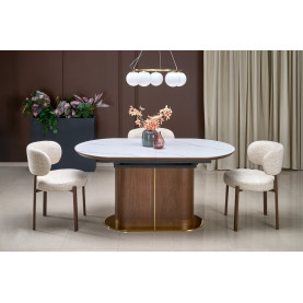 Stół owalny ceramiczny na jednej nodze Gibson 160-220x90cm biały marmur / orzech / złoty  Halmar