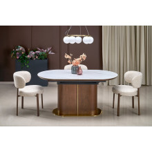 Stół owalny ceramiczny na jednej nodze Gibson 160-220x90cm biały marmur / orzech / złoty  Halmar
