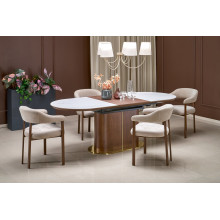 Stół owalny ceramiczny na jednej nodze Gibson 160-220x90cm biały marmur / orzech / złoty  Halmar