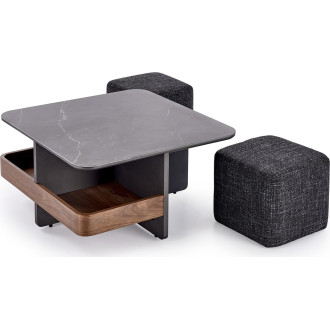 Stolik kwadratowy pufami Vicker 70x70cm czarny marmur / czarny / orzech / ciemny popiel  Halmar