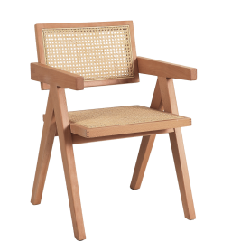 Krzesło drewniane z plecionym rattanowym siedziskiem i podłokietnikami Boho naturalne Moos Home