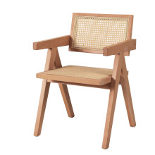 Krzesło drewniane z plecionym rattanowym siedziskiem i podłokietnikami Boho naturalne Moos Home