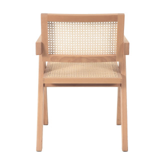 Krzesło drewniane z plecionym rattanowym siedziskiem i podłokietnikami Boho naturalne Moos Home