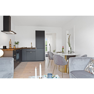Stół okrągły na jednej nodze Bolzano 110cm imitacja marmuru / złoty House Nordic
