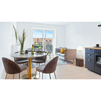 Stół okrągły na jednej nodze Bolzano 110cm imitacja marmuru / złoty House Nordic