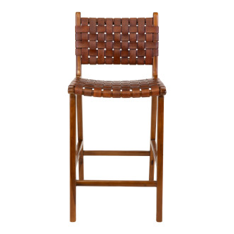 Krzesło barowe drewniane ze skórą vintage Perugia 60cm brązowe House Nordic