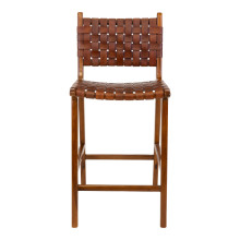 Krzesło barowe drewniane ze skórą vintage Perugia 60cm brązowe House Nordic