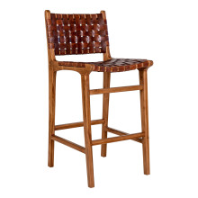 Krzesło barowe drewniane ze skórą vintage Perugia 60cm brązowe House Nordic