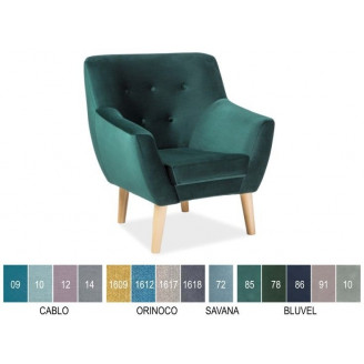 Skandynawski Fotel welurowy na drewnianych nogach NORDIC 1 Velvet Tap. Bluvel 78 zielony Signal do salonu, sypialni i poczekalni