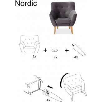 Skandynawski Fotel welurowy na drewnianych nogach NORDIC 1 Velvet Tap. Bluvel 78 zielony Signal do salonu, sypialni i poczekalni