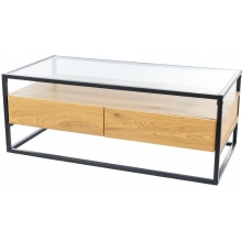Stolik szklany z półką i szufladą Carlo 110x55cm przeźroczysty/dąb/czarny Signal
